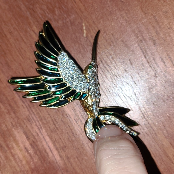 Vintage Brooch Hummingbird Fashion Jewelry Green Enamel with Gold & Rhinestones - Picture 8 of 8